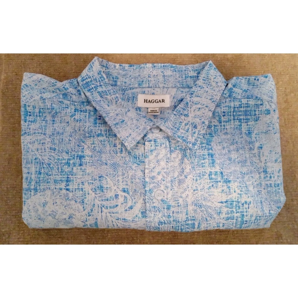 Haggar Men Blue White Floral Shortsleeve Collar Casual Shirt Size Xl